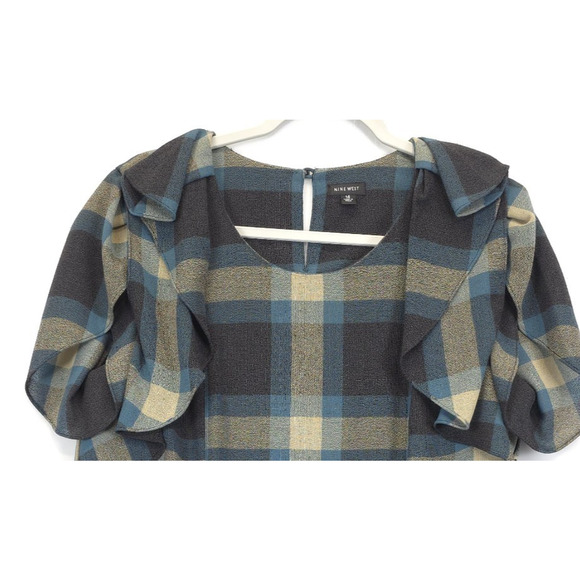 Nine West Shift Dress Plaid Gray Teal Belted Pedal Sleeves Women 14 Academia - Picture 6 of 15